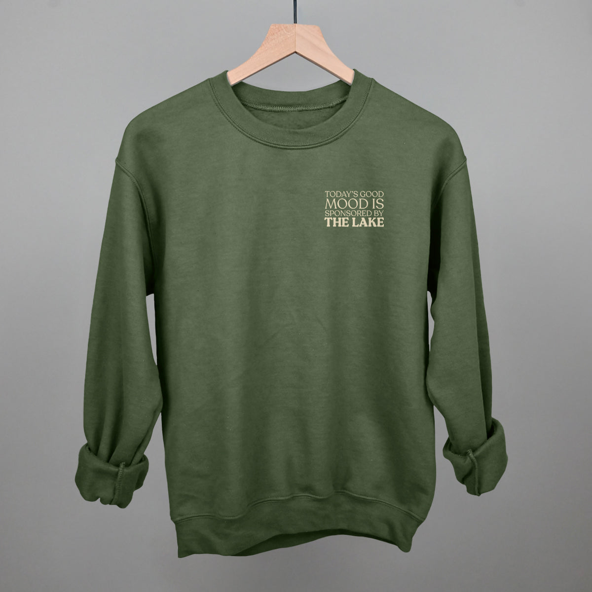 Good Mood Sponsored By The Lake graphic crewneck sweatshirt in Military Green