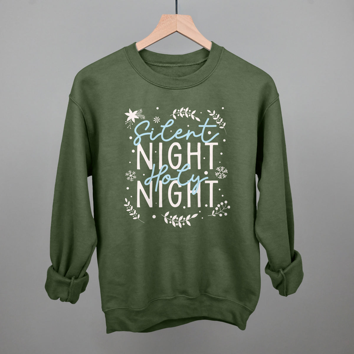 Silent Night Holy Night Blue & White Doodles Funny Sweatshirt in Military Green – Ivy + Cloth