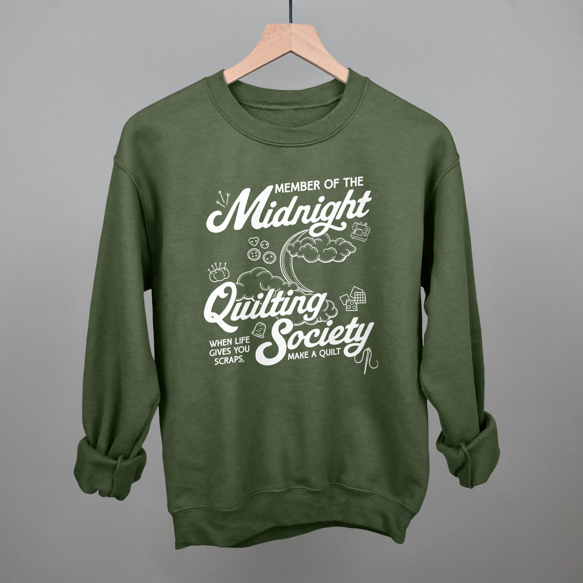 Midnight Quilting Society graphic crewneck sweatshirt in Military Green
