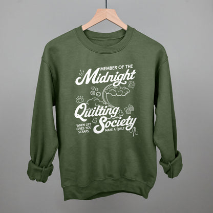 Midnight Quilting Society graphic crewneck sweatshirt in Military Green