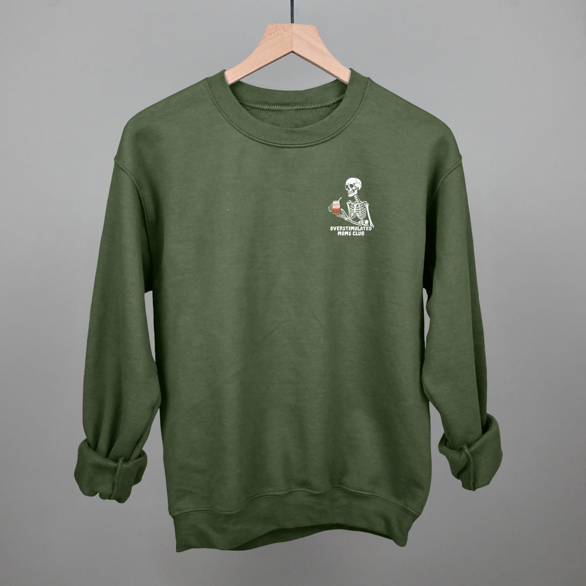 Overstimulated Moms Club Skeleton Coffee graphic crewneck sweatshirt in Military Green