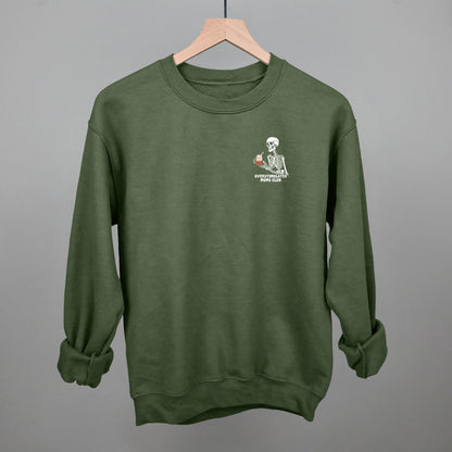 Overstimulated Moms Club Skeleton Coffee graphic crewneck sweatshirt in Military Green