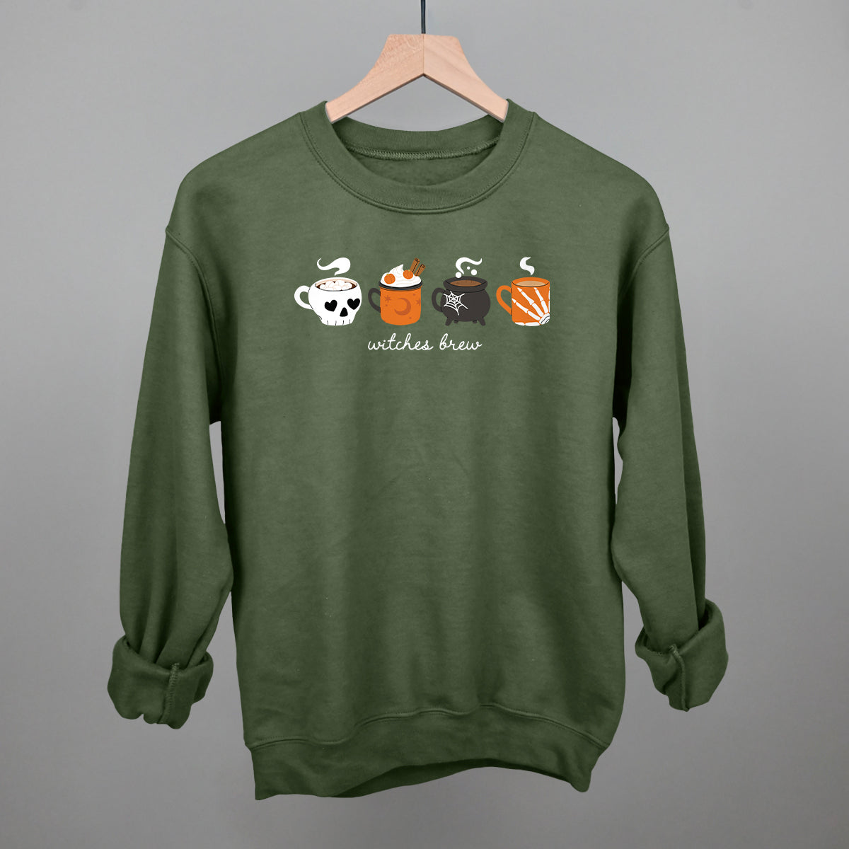 Witches Brew Halloween Coffee graphic crewneck sweatshirt in Military Green