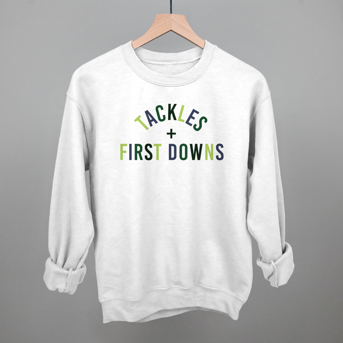 Tackles and First Downs Football graphic crewneck sweatshirt in White