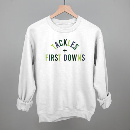 Tackles and First Downs Football graphic crewneck sweatshirt in White