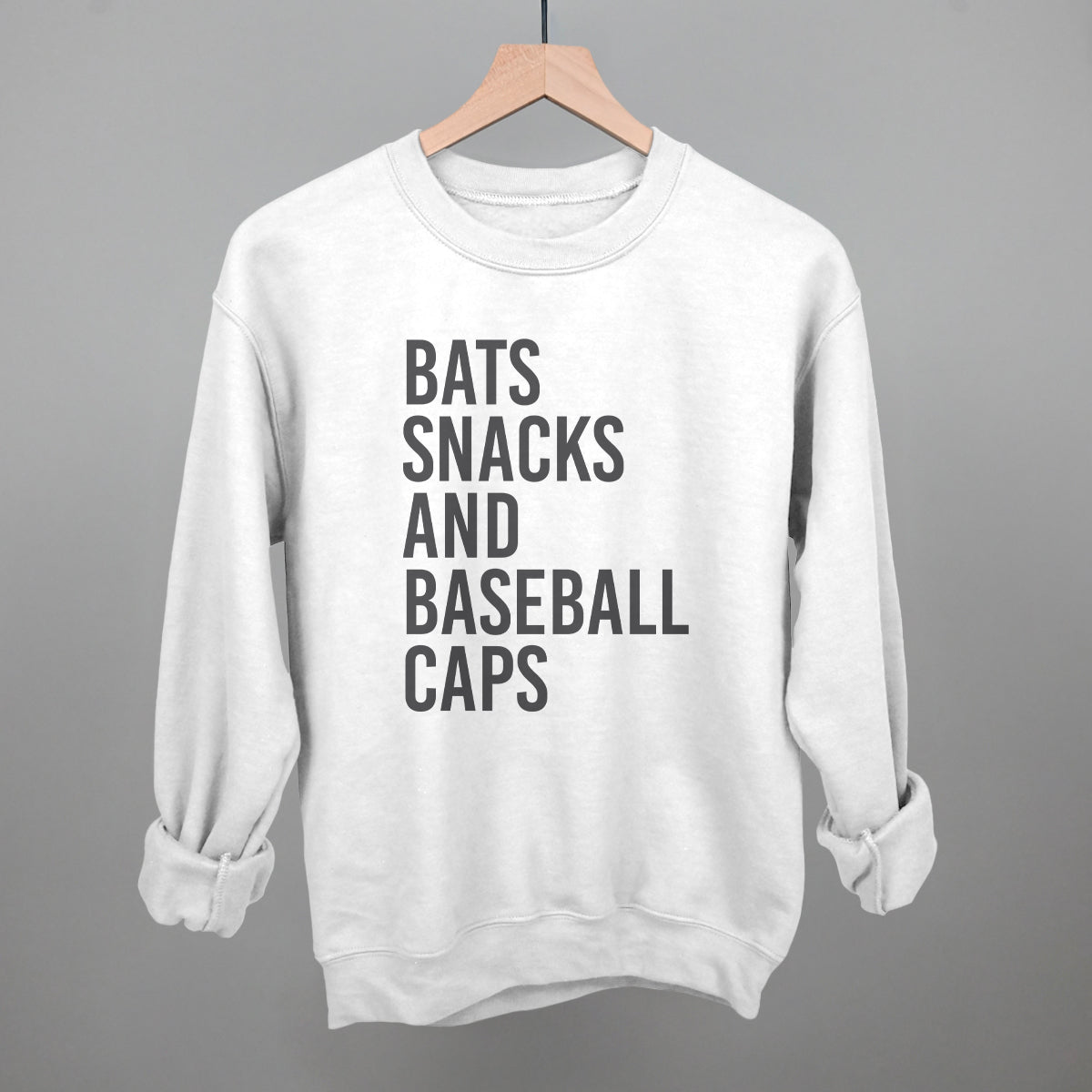 Bats, Snacks, And Baseball Caps Funny Sweatshirt in White – Ivy + Cloth