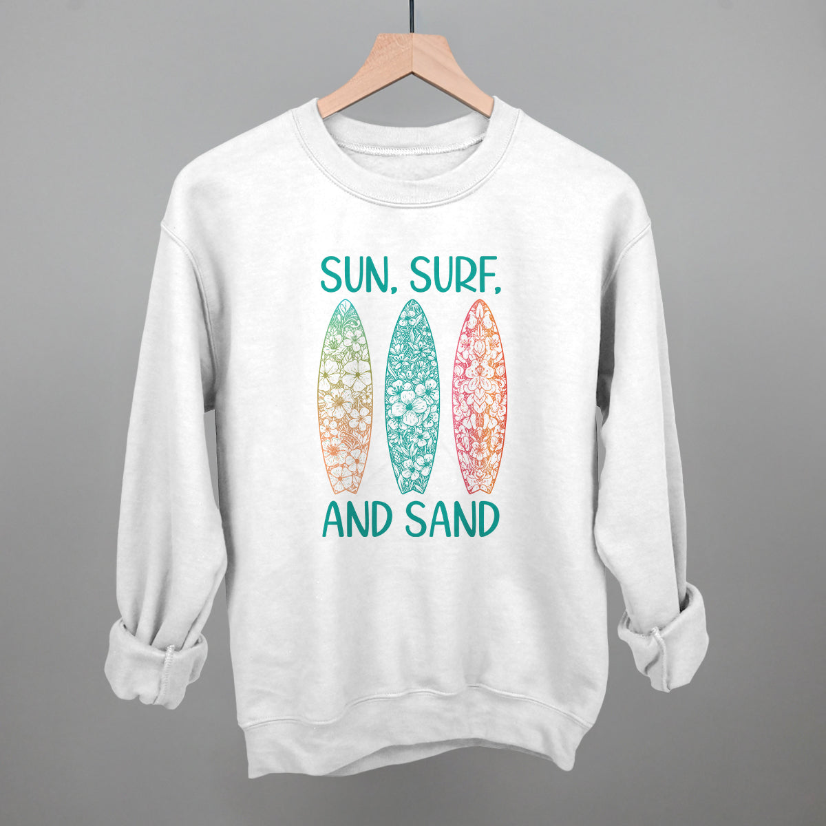 Sun, Surf and Sand Surfboards Beach graphic crewneck sweatshirt in White