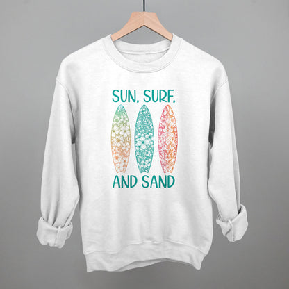 Sun, Surf and Sand Surfboards Beach graphic crewneck sweatshirt in White