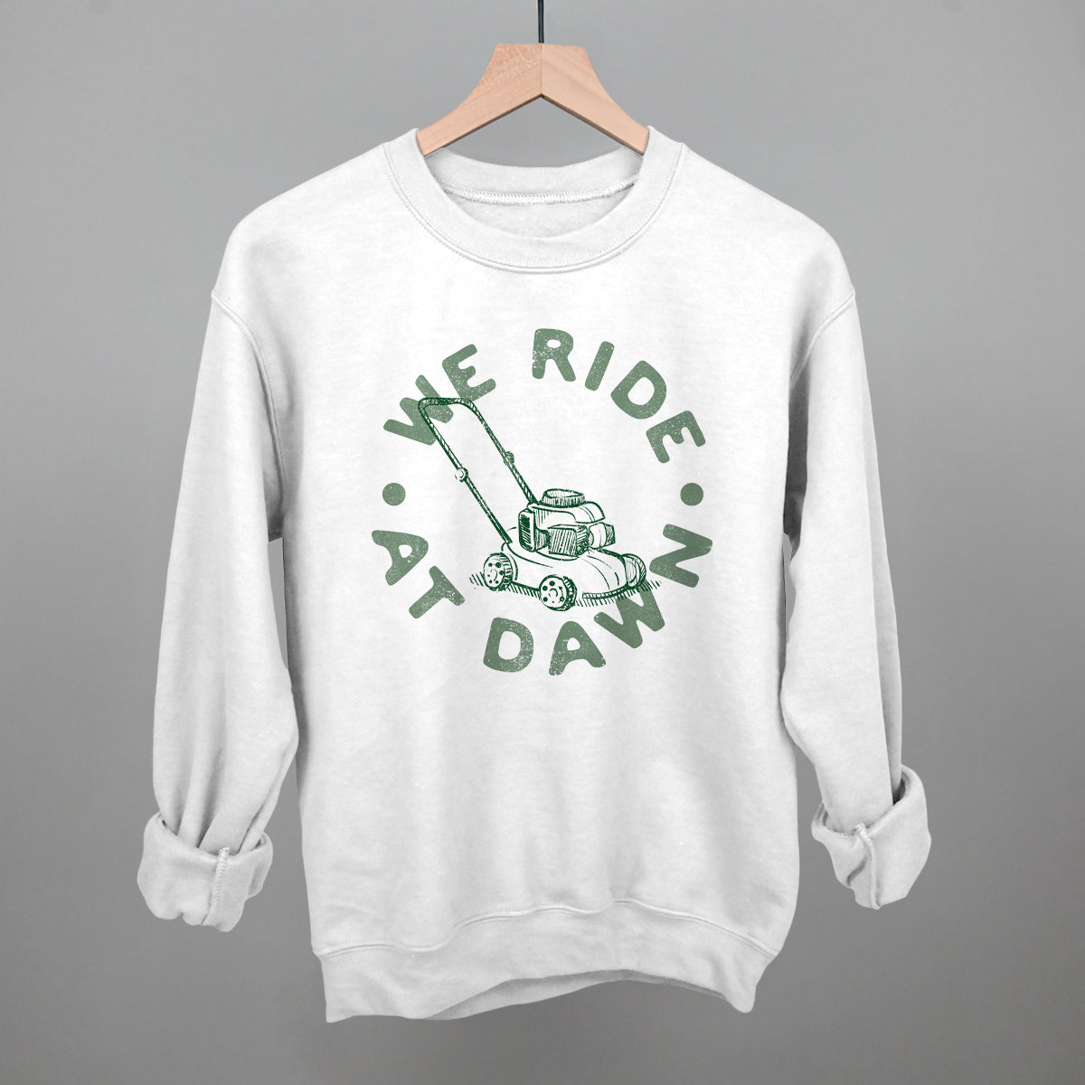 We Ride At Dawn Lawn Mower graphic crewneck sweatshirt in White