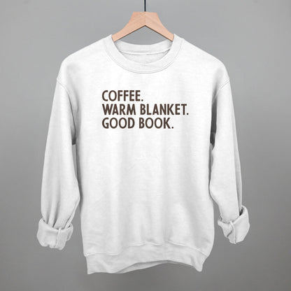 Coffee, Warm Blanket, Good Book Cozy graphic crewneck sweatshirt in White