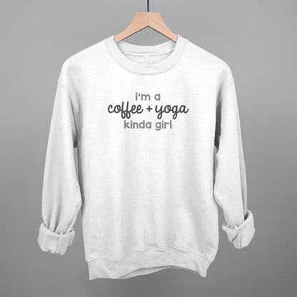 I'm A Coffee + Yoga Kinda Girl graphic crewneck sweatshirt in White