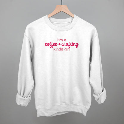 I'm A Coffee + Crafting Kinda Girl graphic crewneck sweatshirt in White