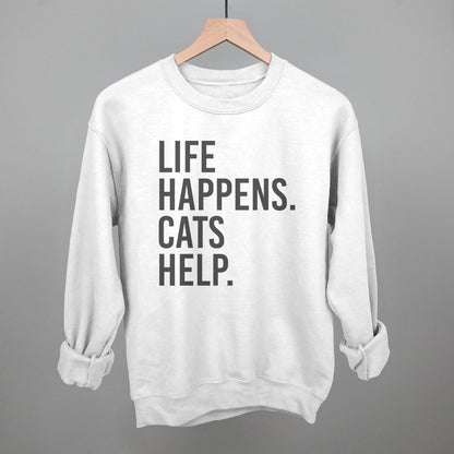 Life Happens Cats Help Cat Lover graphic crewneck sweatshirt in White