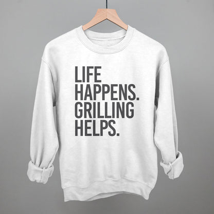 Life Happens Grilling Helps graphic crewneck sweatshirt in White