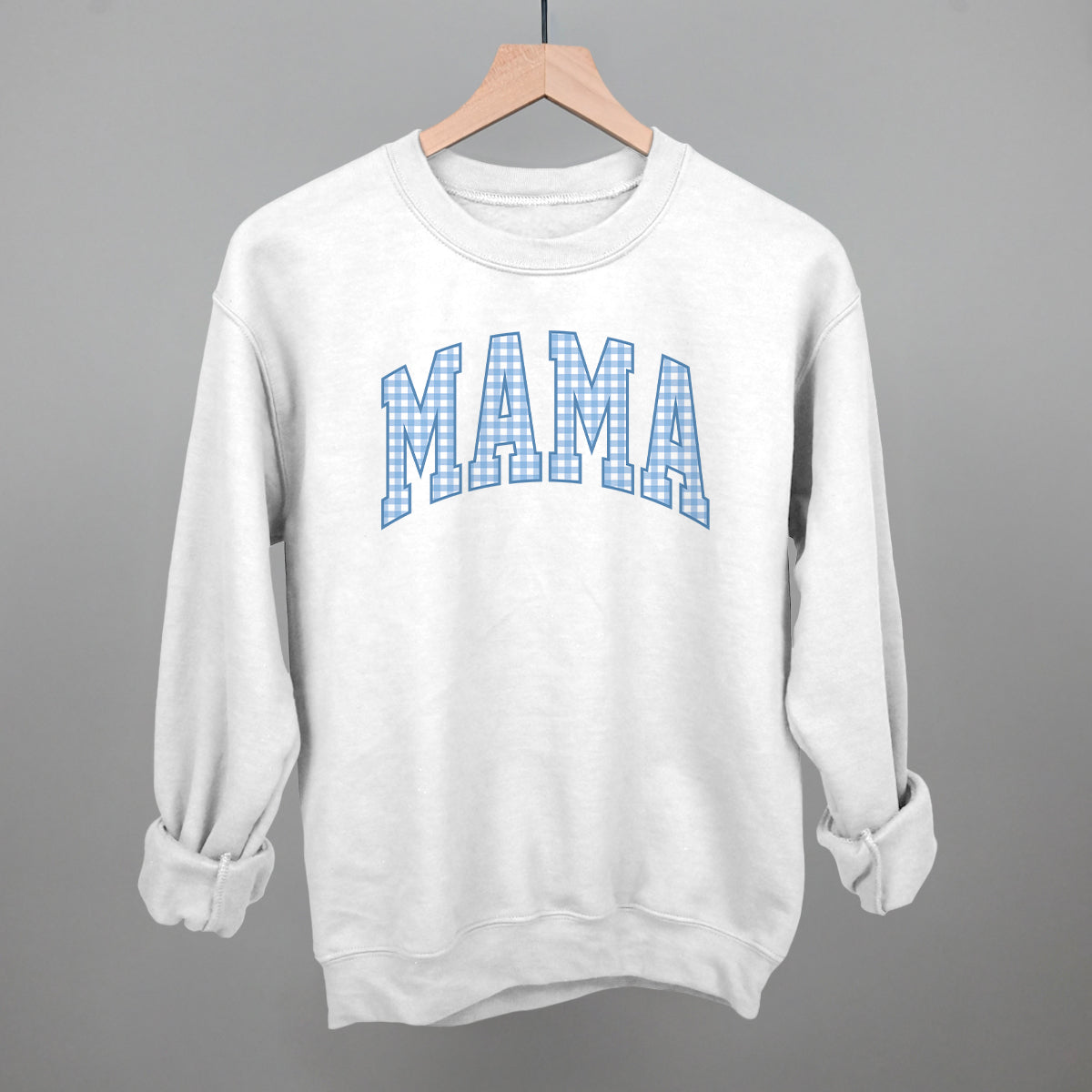 Mama Blue Gingham graphic crewneck sweatshirt in White