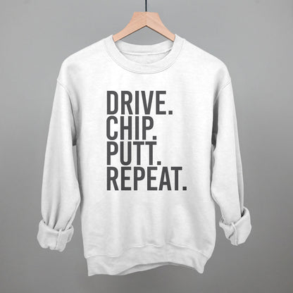 Drive Chip Putt Repeat Golf graphic crewneck sweatshirt in White