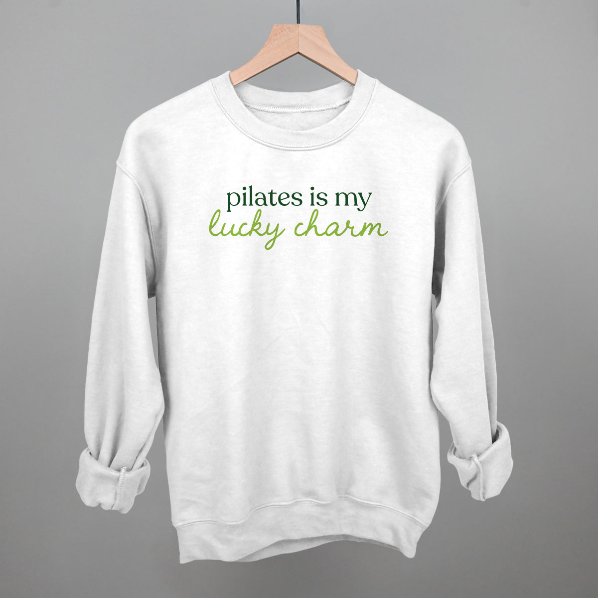 Pilates Is My Lucky Charm St. Patrick's Day graphic crewneck sweatshirt in White