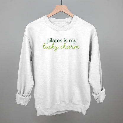 Pilates Is My Lucky Charm St. Patrick's Day graphic crewneck sweatshirt in White