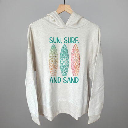 Sun, Surf and Sand Surfboards Beach graphic top in Heather Almond