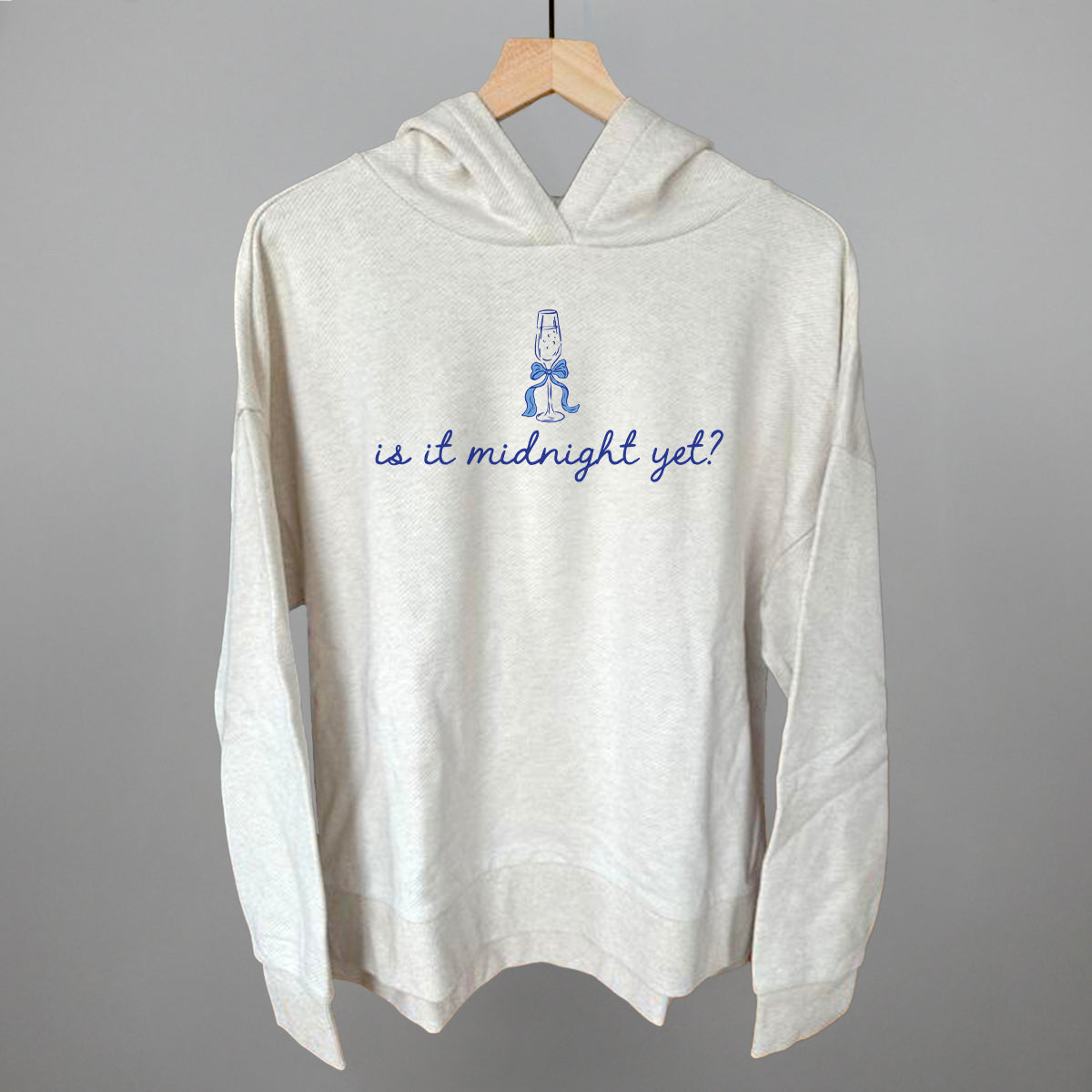 Is It Midnight Yet (Blue) Funny Terry Hoodie in Heather Almond – Ivy + Cloth