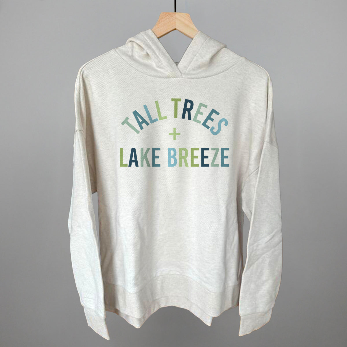 Tall Trees + Lake Breeze graphic top in Heather Almond