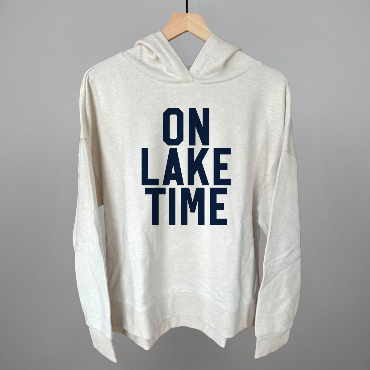 On Lake Time Block Letters Funny Terry Hoodie in Heather Almond – Ivy + Cloth