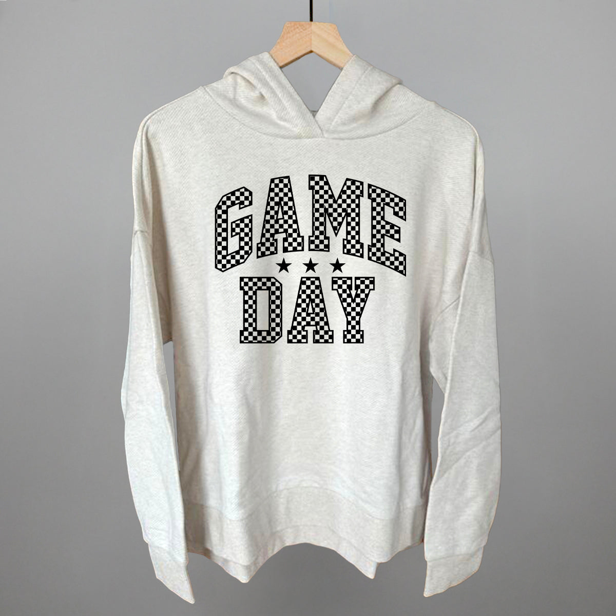 Game Day Checkered Arch Funny Terry Hoodie in Heather Almond – Ivy + Cloth