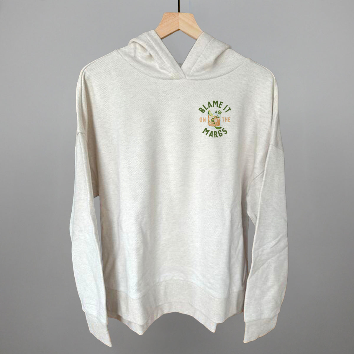 Blame It On The Margs (Left Chest) Funny Terry Hoodie in Heather Almond – Ivy + Cloth