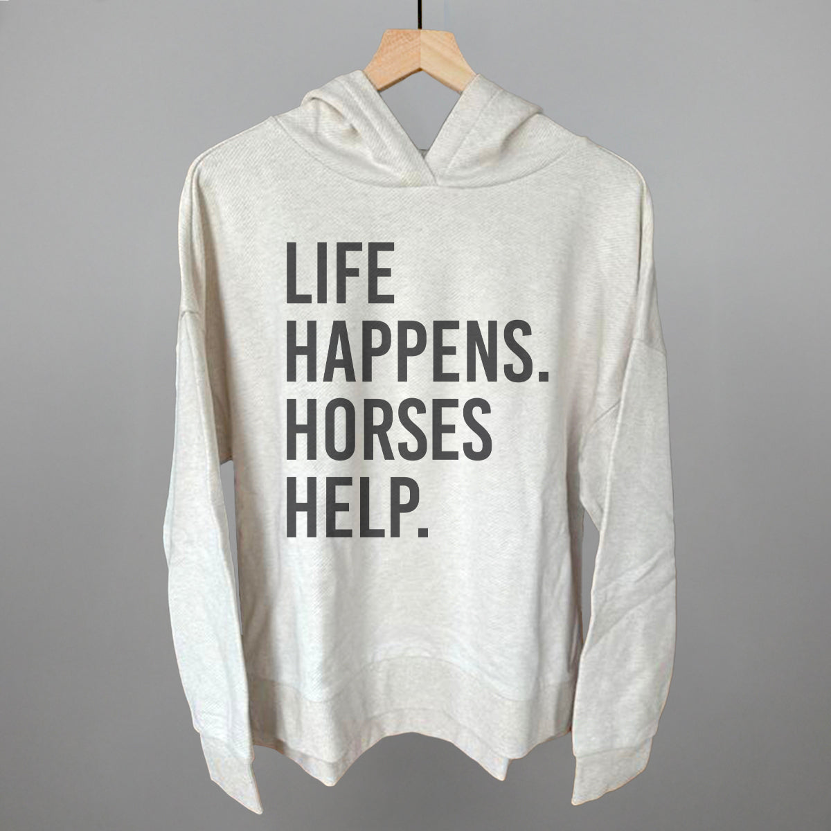 Life Happens Horses Help Horse Lover graphic top in Heather Almond