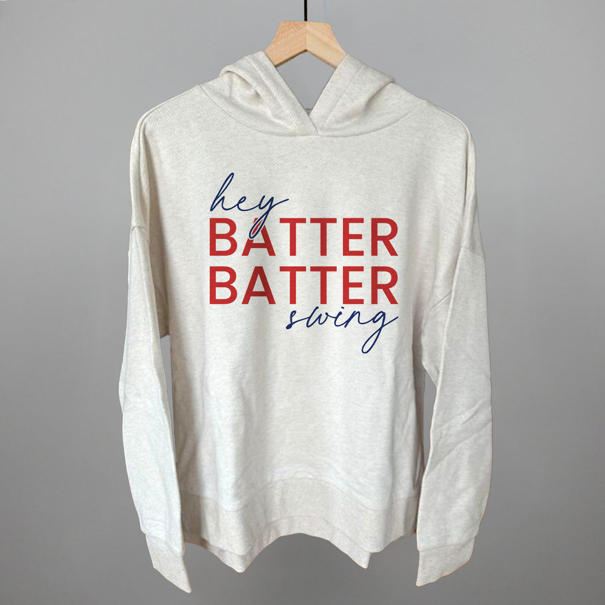 Hey Batter Batter Swing (Red + Navy) Funny Terry Hoodie in Heather Almond – Ivy + Cloth