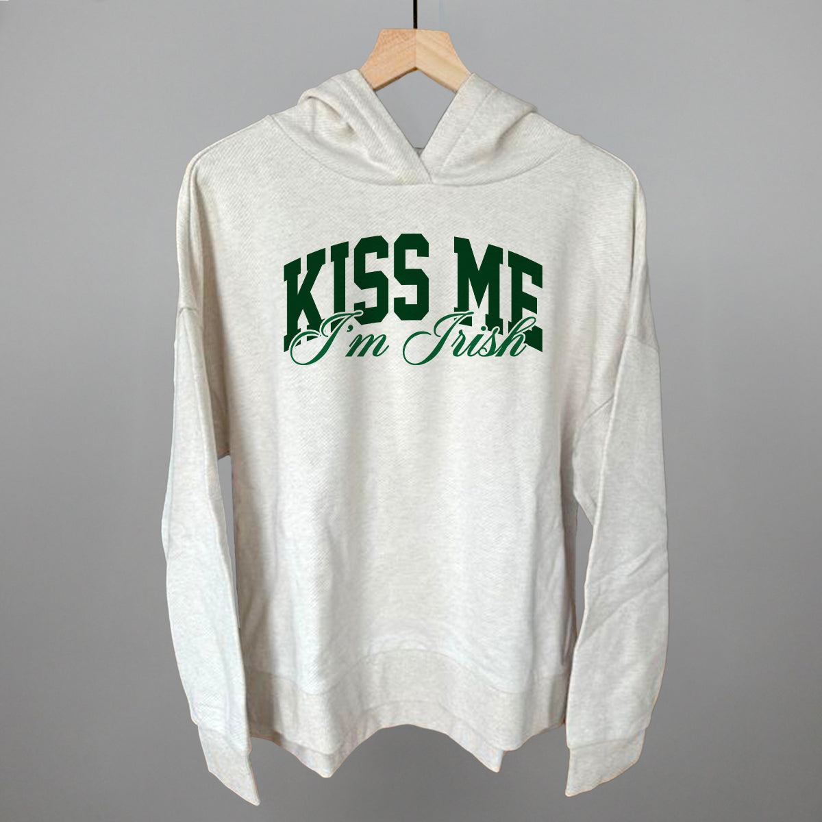 Kiss Me I'm Irish (Arch + Script) Funny Terry Hoodie in Heather Almond – Ivy + Cloth