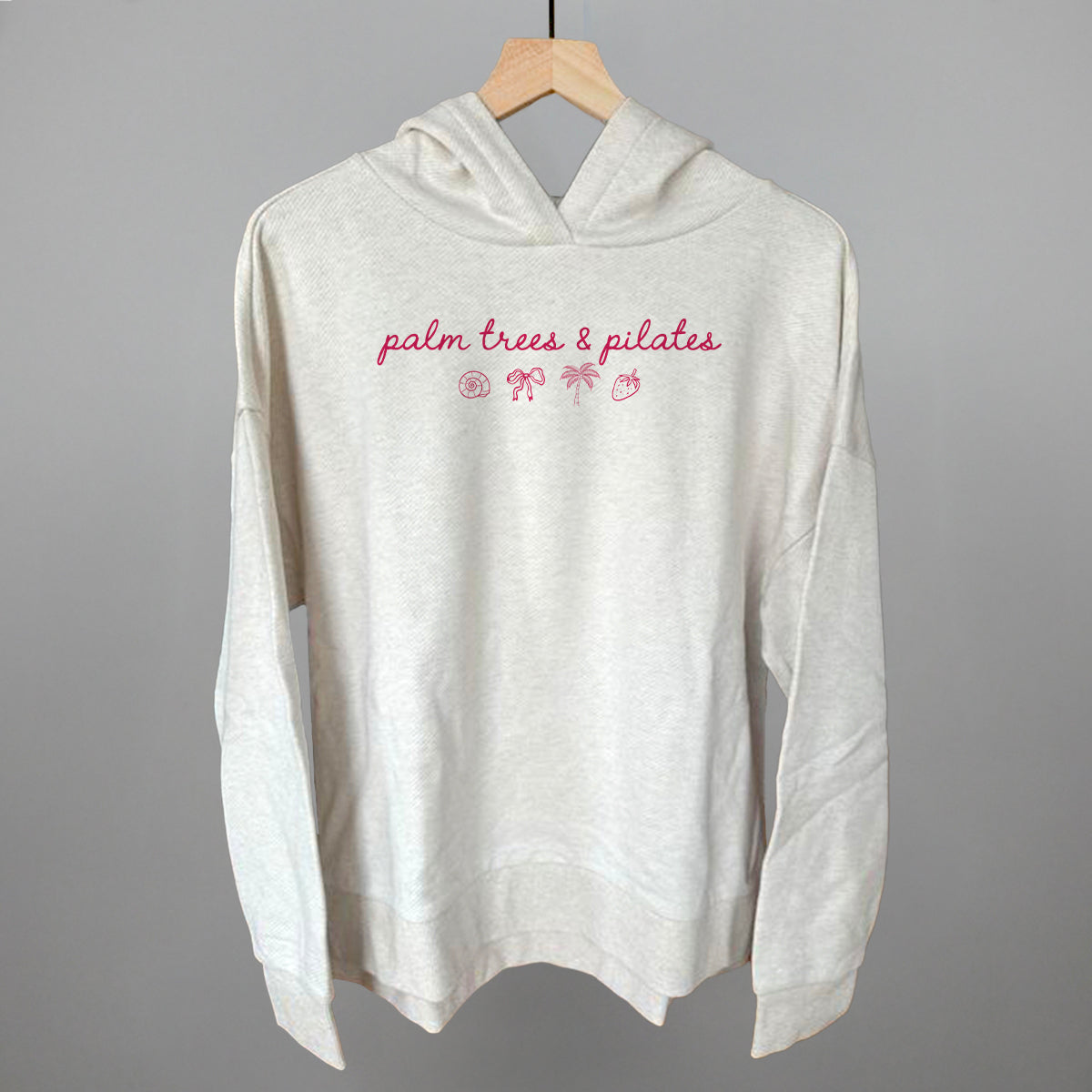 Palm Trees & Pilates (Pink) Funny Terry Hoodie in Heather Almond – Ivy + Cloth
