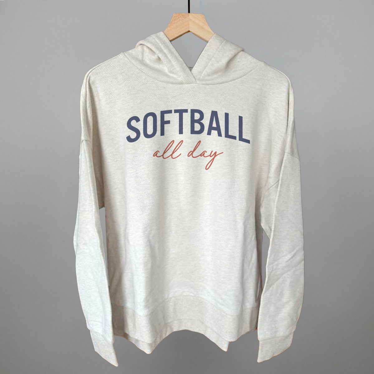 Softball All Day (Script) Funny Terry Hoodie in Heather Almond – Ivy + Cloth