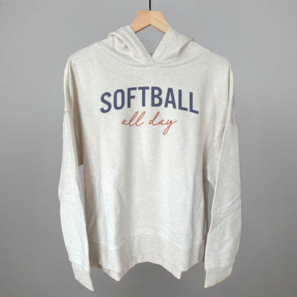 Softball All Day (Script) Funny Terry Hoodie in Heather Almond – Ivy + Cloth