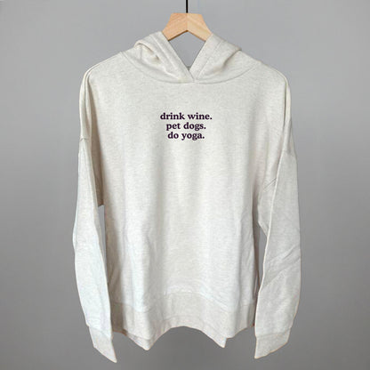 Drink Wine, Pet Dogs, Do Yoga graphic top in Heather Almond