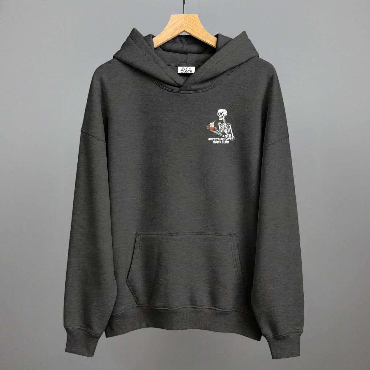 Overstimulated Moms Club Skeleton Coffee graphic top in Heather Charcoal