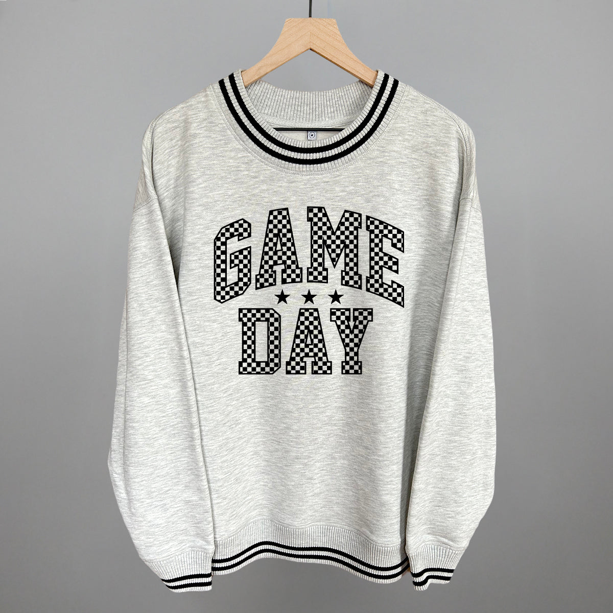 Game Day Checkered Arch Funny Oversized Varsity Crewneck Sweatshirt in Heather Grey – Ivy + Cloth