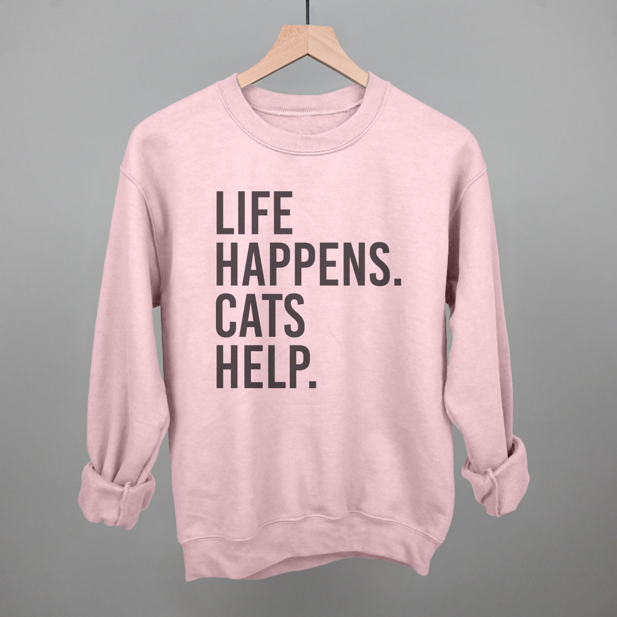 Life Happens Cats Help Cat Lover graphic crewneck sweatshirt in Light Pink