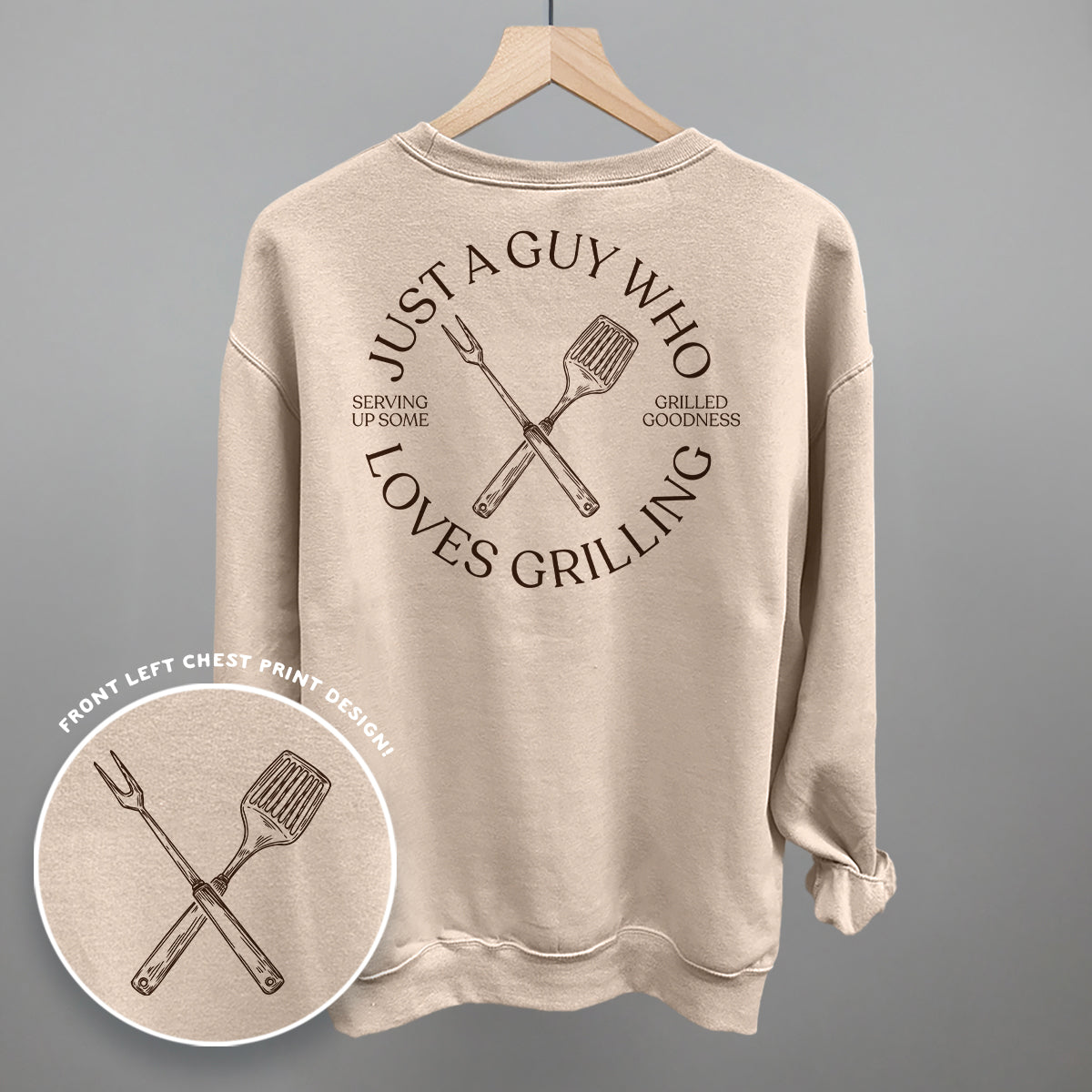 Just A Guy Who Loves Grilling graphic top in Sandstone