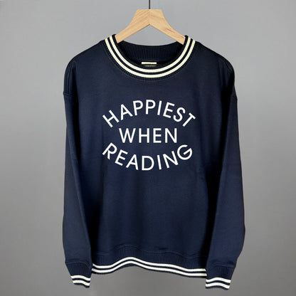 Happiest When Reading (White) Funny Oversized Varsity Crewneck Sweatshirt in Navy – Ivy + Cloth
