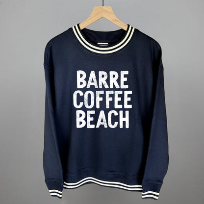 Barre Coffee Beach (White) Funny Oversized Varsity Crewneck Sweatshirt in Navy – Ivy + Cloth