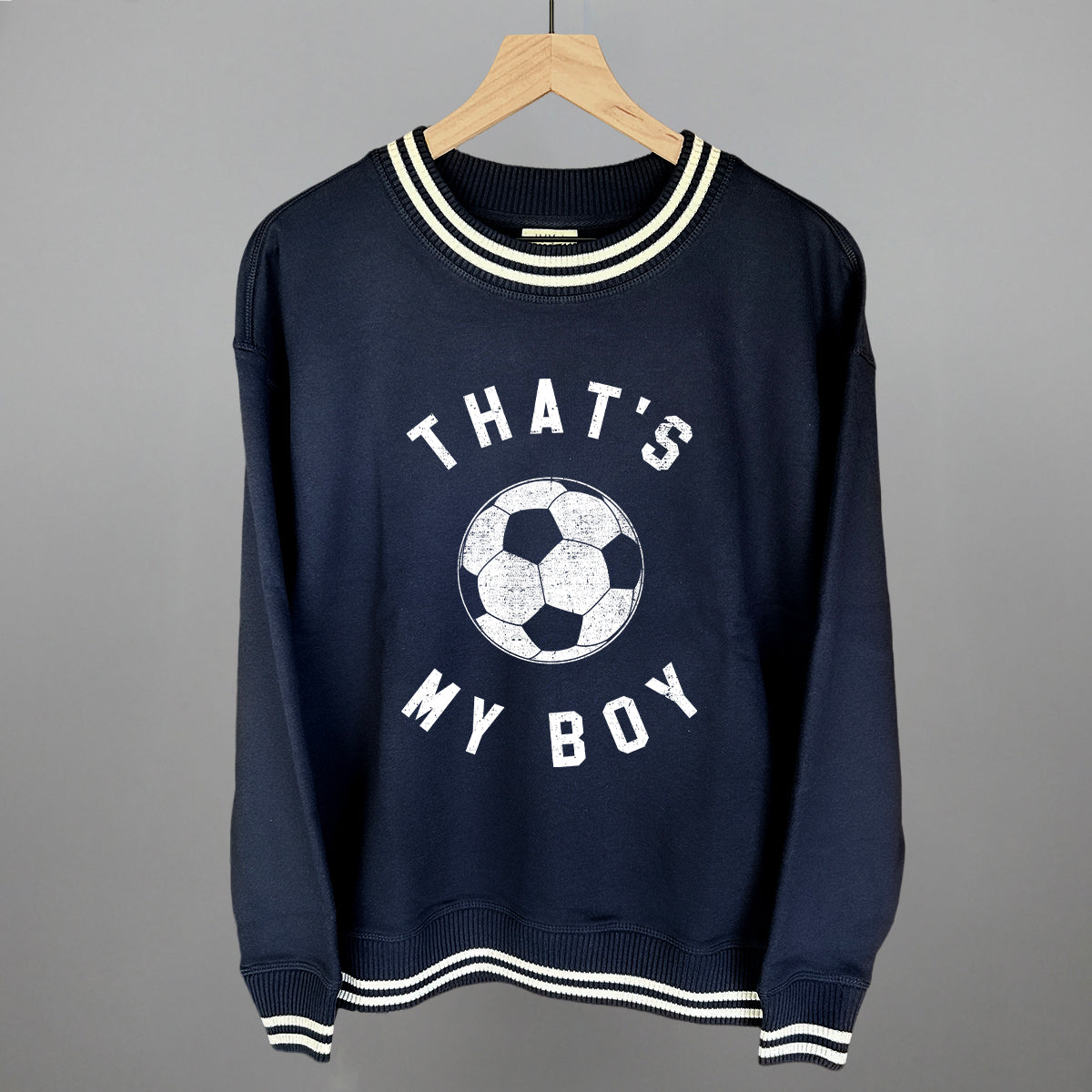 That's My Boy Soccer Funny Oversized Varsity Crewneck Sweatshirt in Navy – Ivy + Cloth