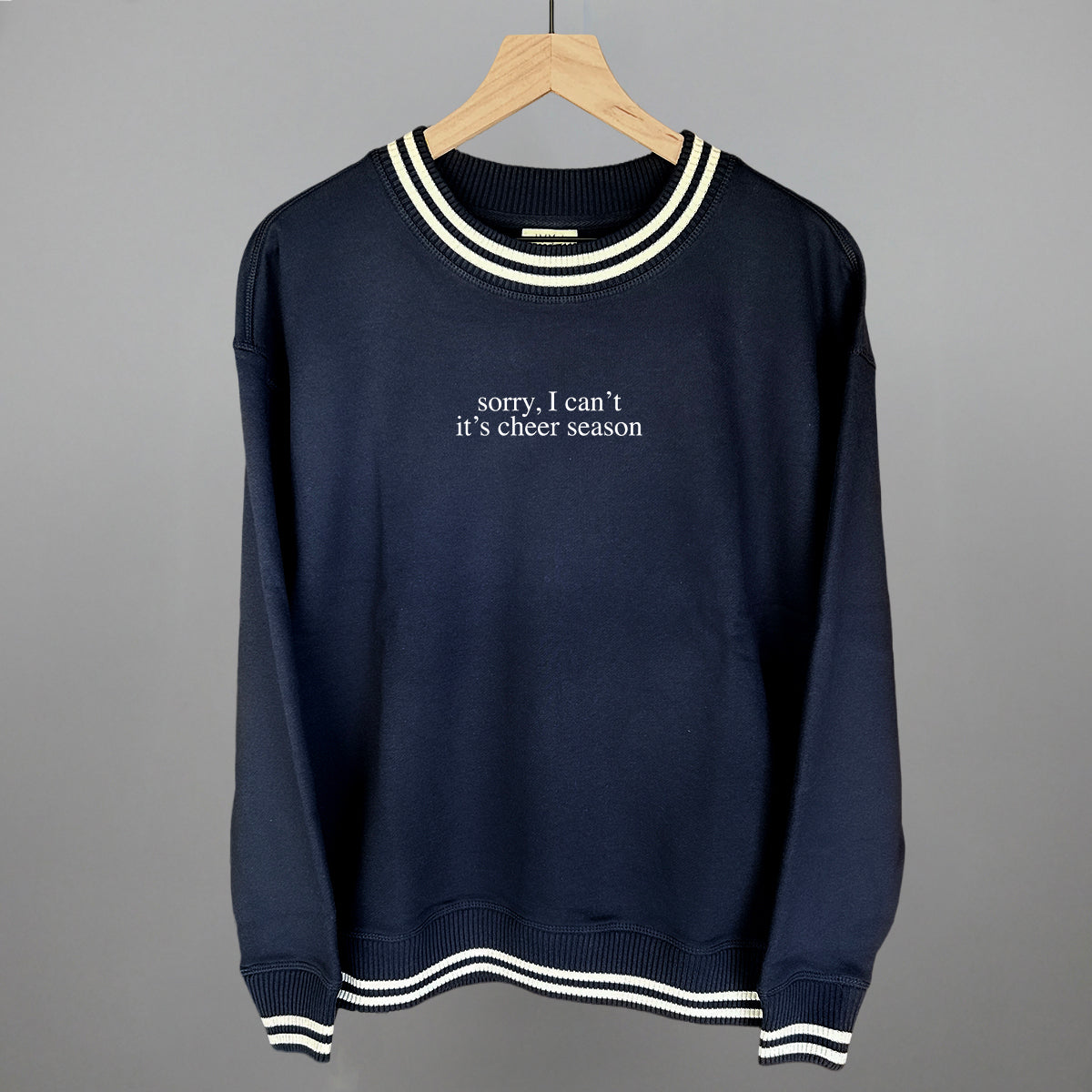 Sorry It's Cheer Season Funny Oversized Varsity Crewneck Sweatshirt in Navy – Ivy + Cloth