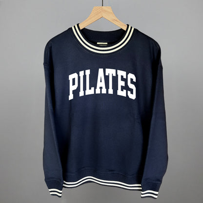 Pilates Arch (White) Funny Oversized Varsity Crewneck Sweatshirt in Navy – Ivy + Cloth