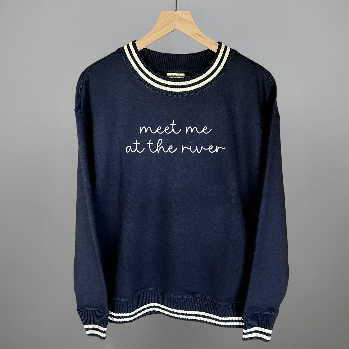 Meet Me At The River White Script Funny Oversized Varsity Crewneck Sweatshirt in Navy – Ivy + Cloth