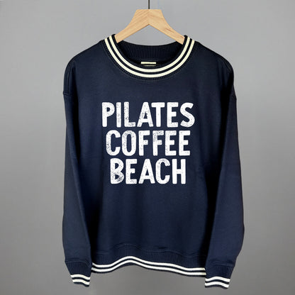 Pilates, Coffee, Beach graphic top in Navy