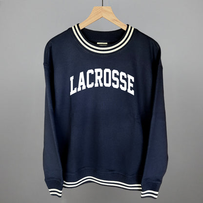 Lacrosse Arch (White) Funny Oversized Varsity Crewneck Sweatshirt in Navy – Ivy + Cloth