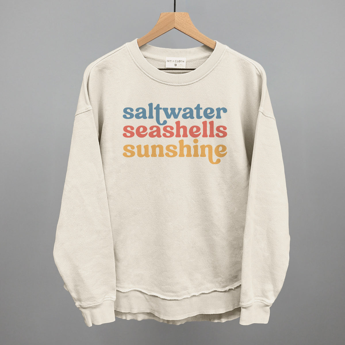 Saltwater, Seashells, Sunshine Beach graphic top in Tapioca