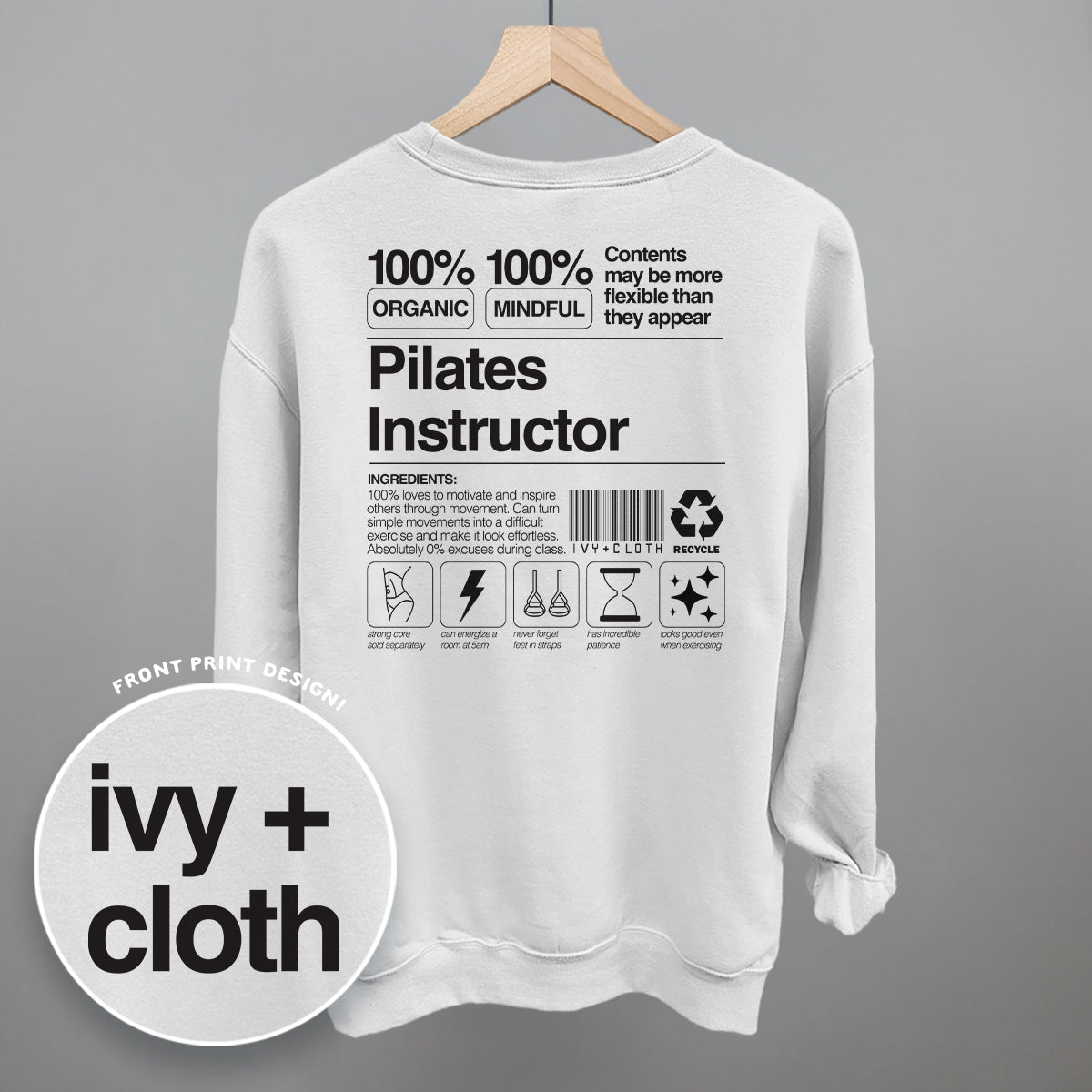Pilates Instructor Nutrition Facts (Back Print) Funny Shirt & Sweatshirt in White – Ivy + Cloth