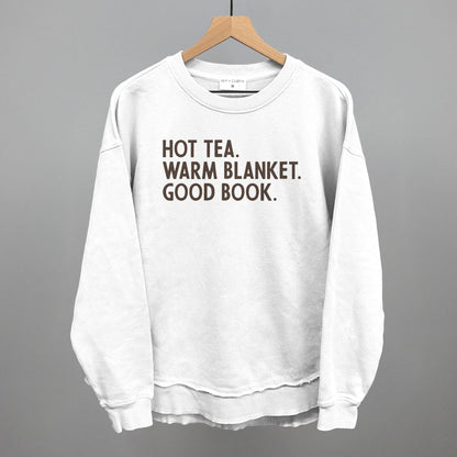 Hot Tea, Warm Blanket, Good Book Cozy graphic top in White